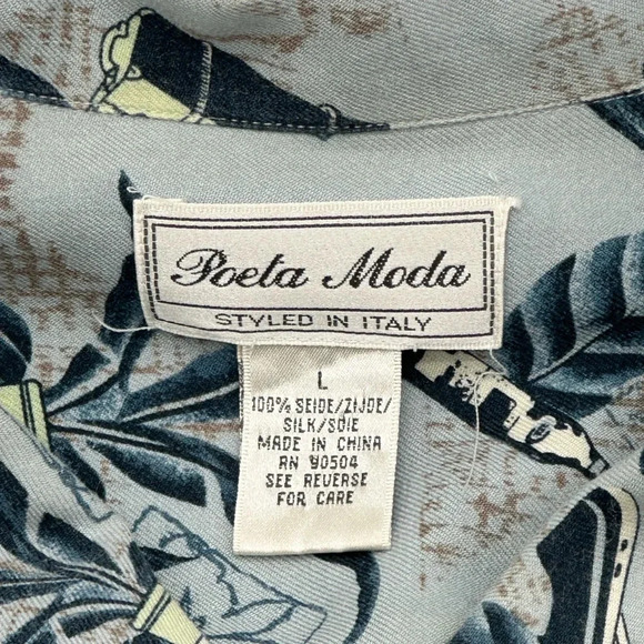 Men’s 100% Silk Shirt Poeta Moda Beach Shirt Size L Palm Trees - Picture 3 of 6